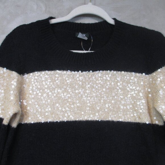 New J Crew Black Gold Stripe Crewneck Sweater Sequin Wool Mohair Blend Sweater M - Picture 4 of 9